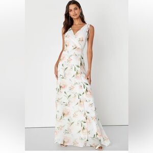 Lulu’s Romantic Possibilites White Floral Maxi Dress. Medium